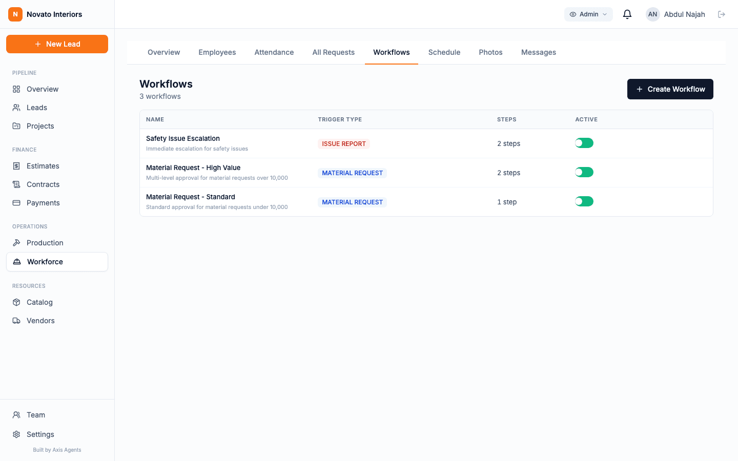 Interior operations approval workflows for material requests and safety issues